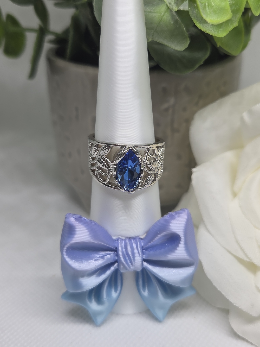 Silver Filigree Ring with Teardrop Blue Topaz Crystal